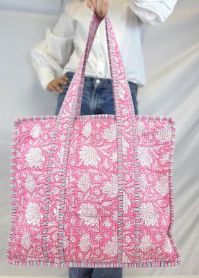 Pink Garden Block Print Quilted Tote Bag