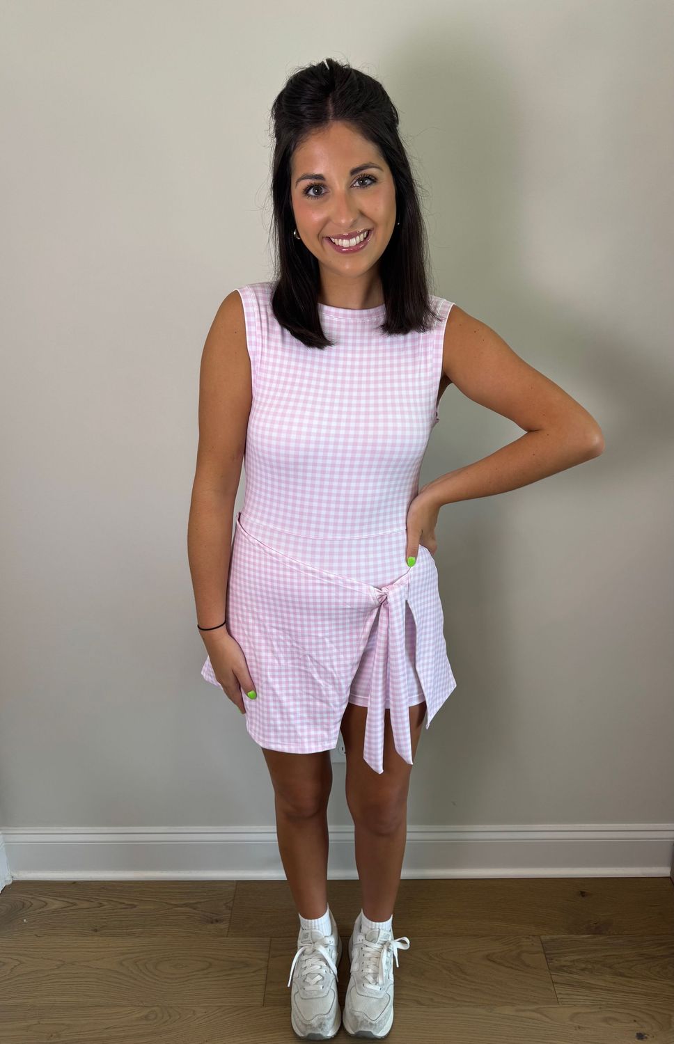 Pink Gingham Sleeveless Wrap Tie Front Dress