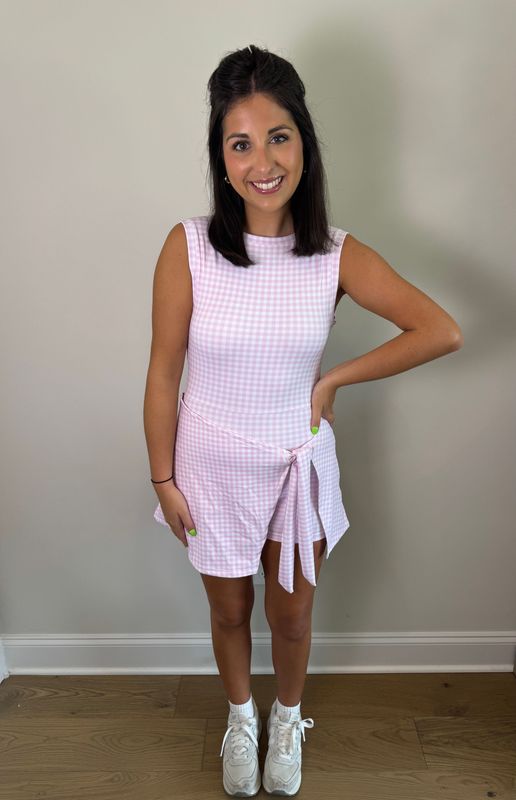 Pink Gingham Sleeveless Wrap Tie Front Dress