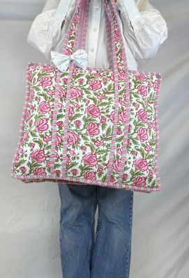 Rose Garden Quilted Cotton Tote Bag – Pink & Green