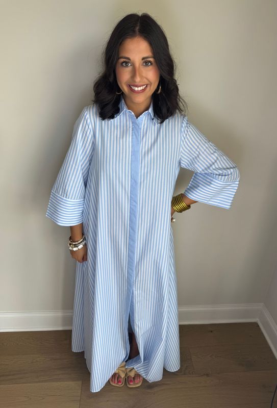 Sweet Caroline Blue Striped Maxi Shirt Dress