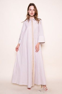 Sweet Caroline Tan Striped Maxi Shirt Dress