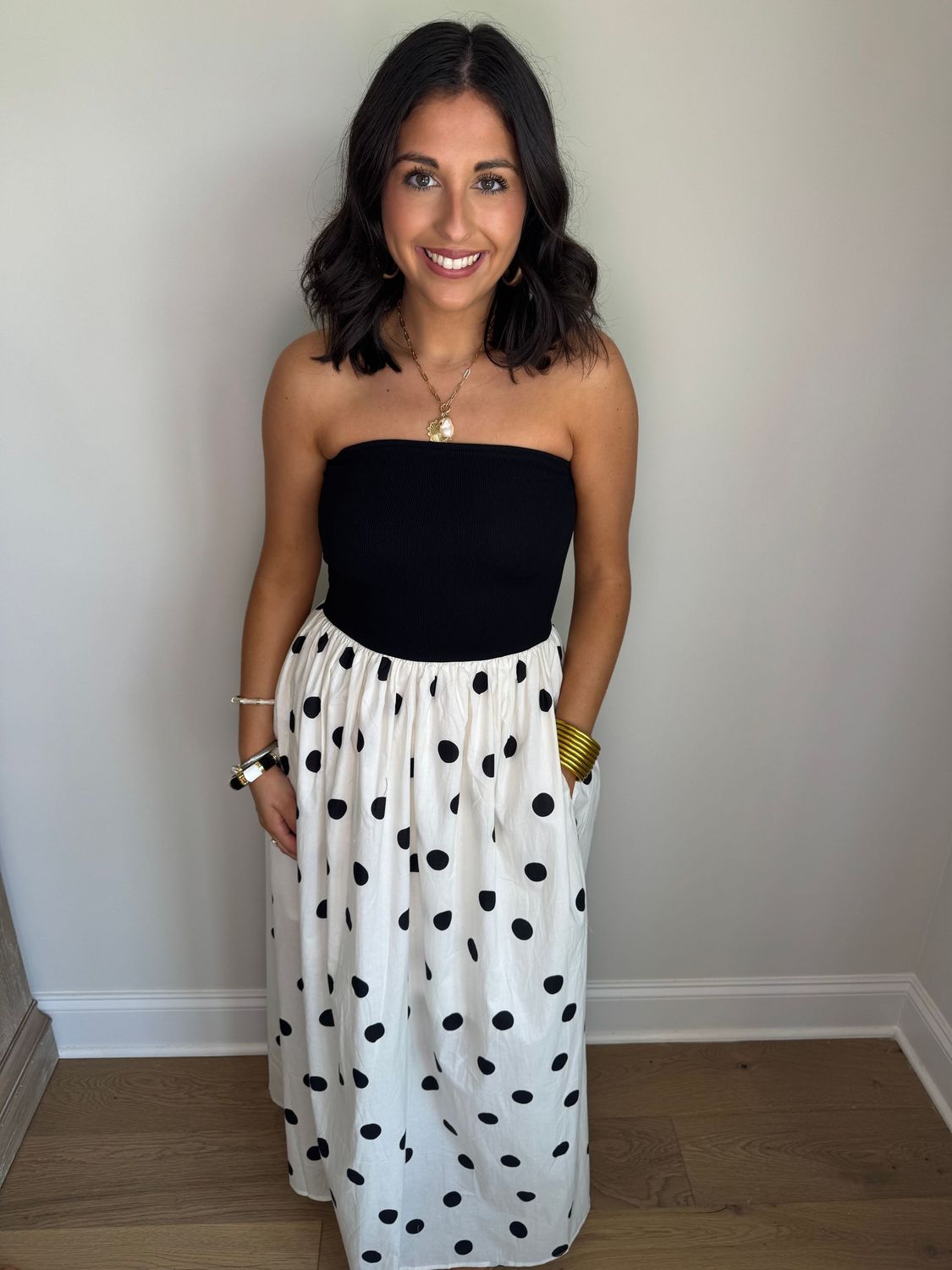 The Marilyn Black/White Strapless Polka Dot Midi Dress