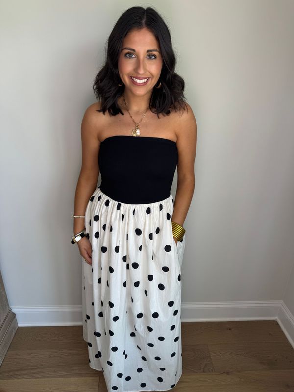 The Marilyn Black/White Strapless Polka Dot Midi Dress