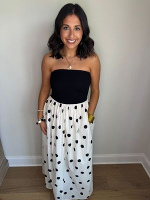 The Marilyn Black/White Strapless Polka Dot Midi Dress