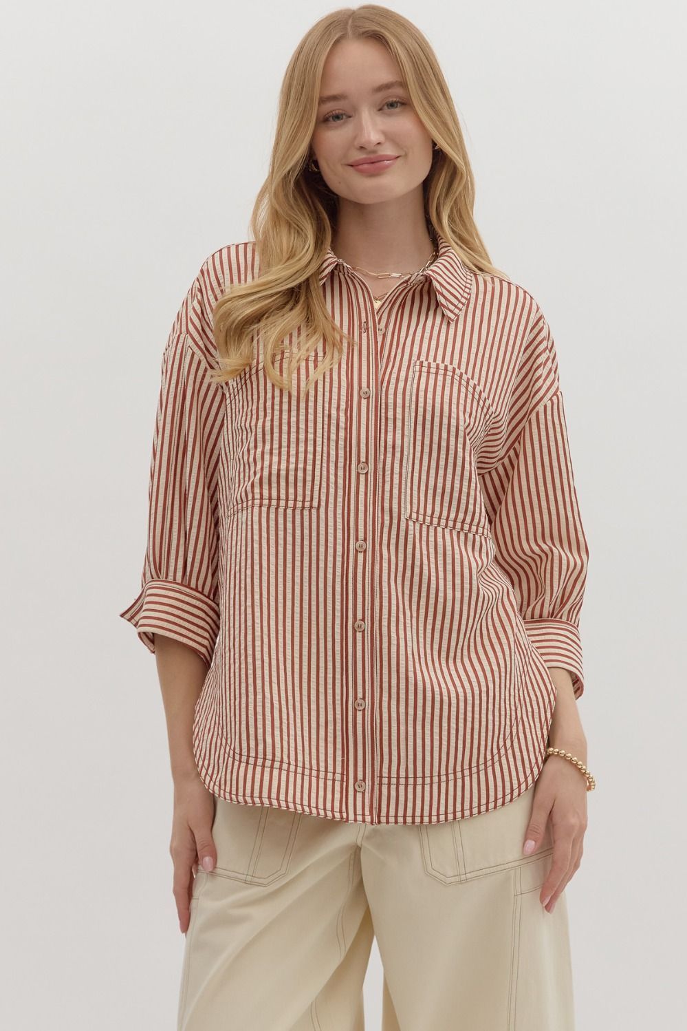 Entro rust striped button down top