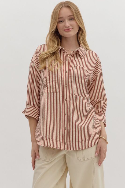 Entro rust striped button down top