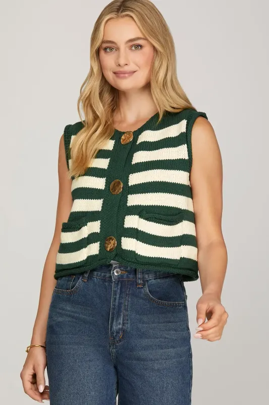 Green Striped Sleeveless Sweater Vest
