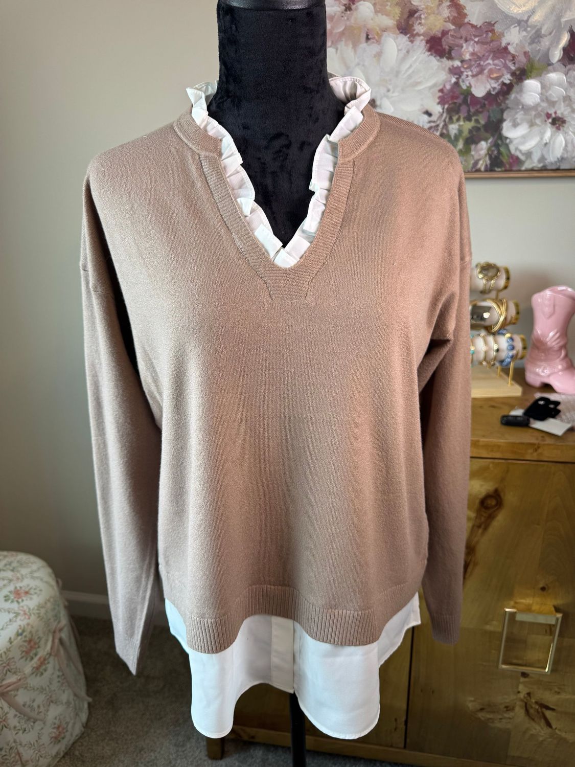 Mocha V- Neck Knit Combo Top