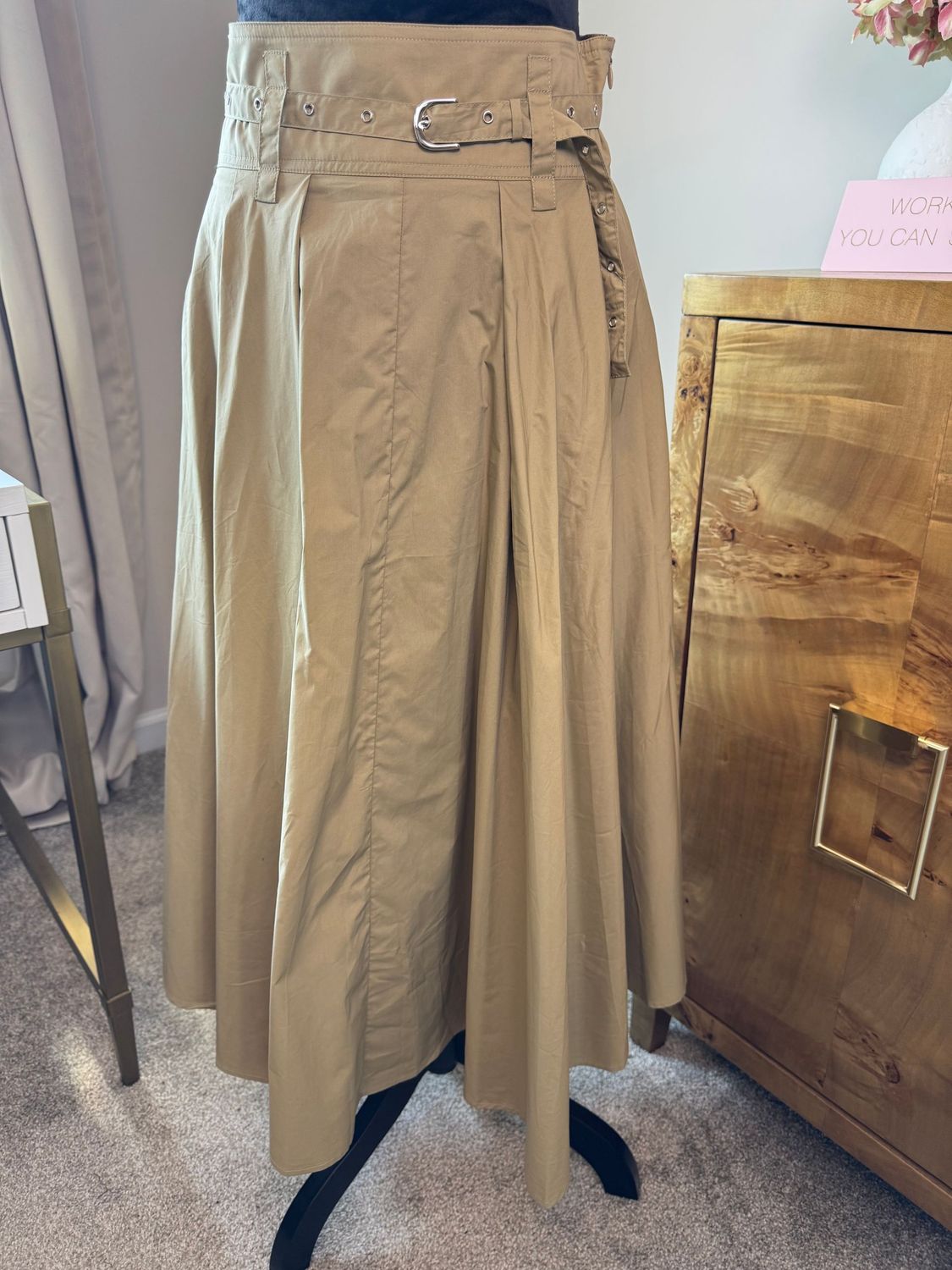 Khaki Pleated A- Line Midi Skirt With Belt