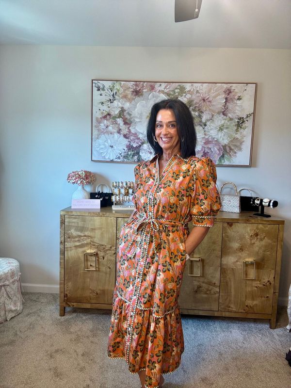 THML Puff Sleeve Print Midi Dress