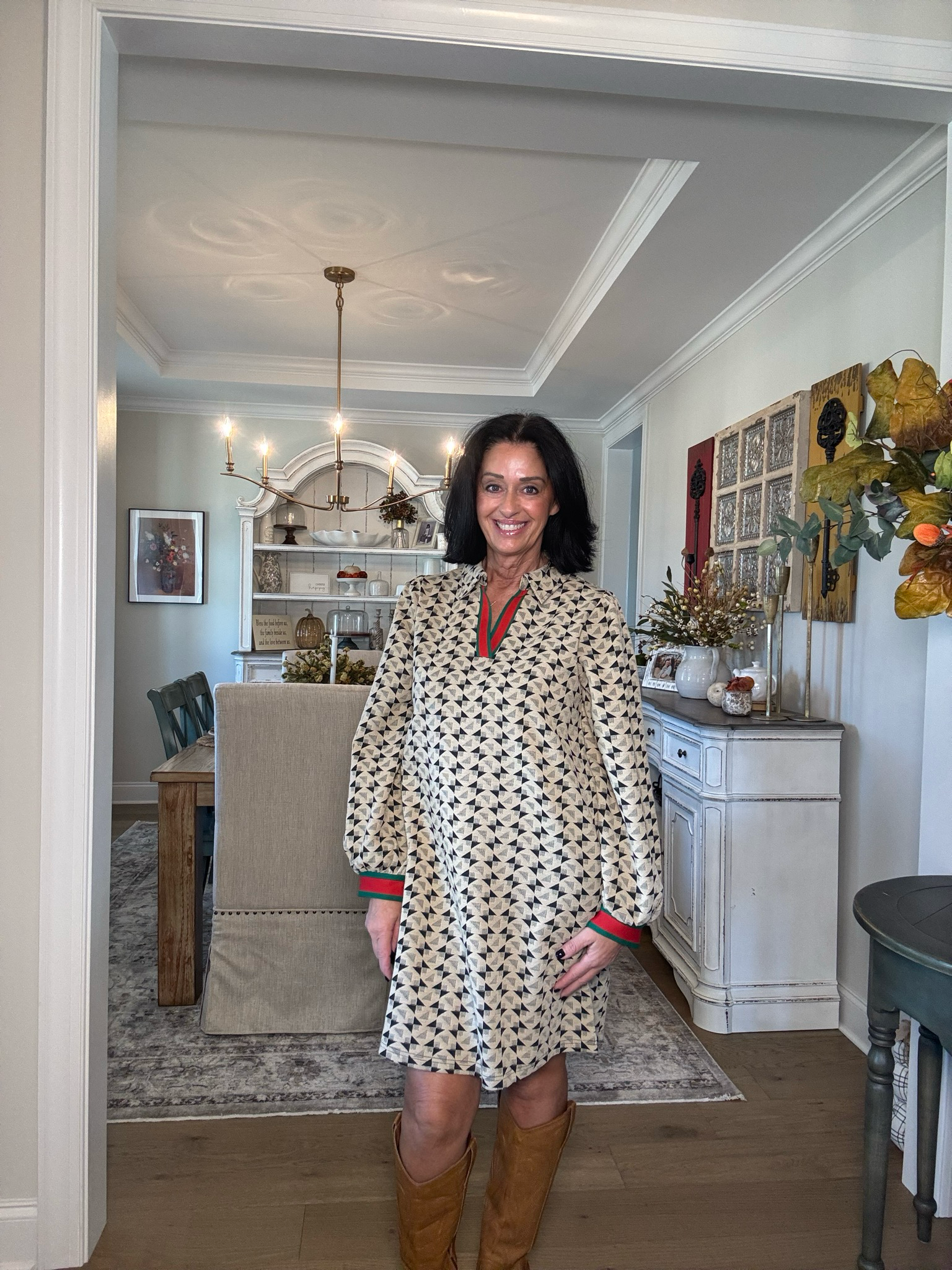 Taupe Geometric Print Long Sleeve Dress