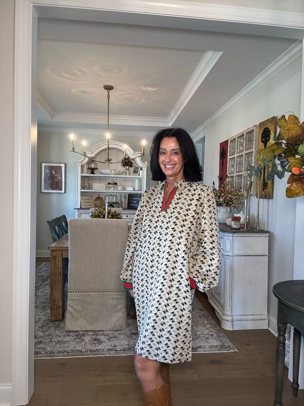 Taupe Geometric Print Long Sleeve Dress