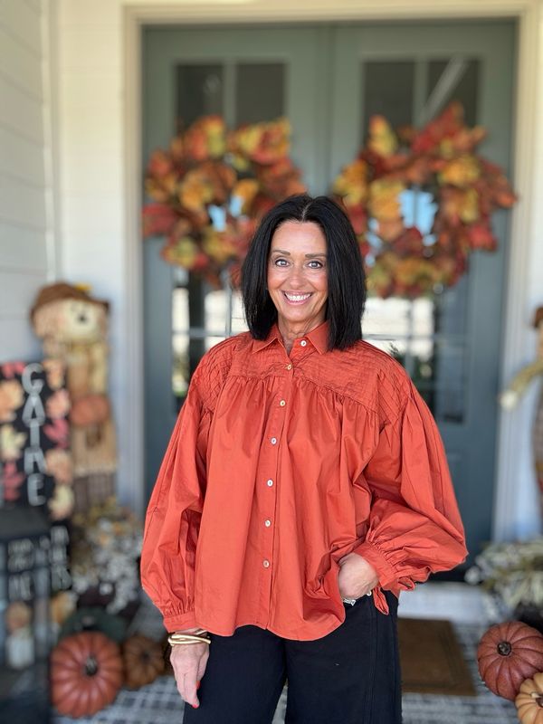 Rust Button-Up Blouse with Bow Cuff Detail