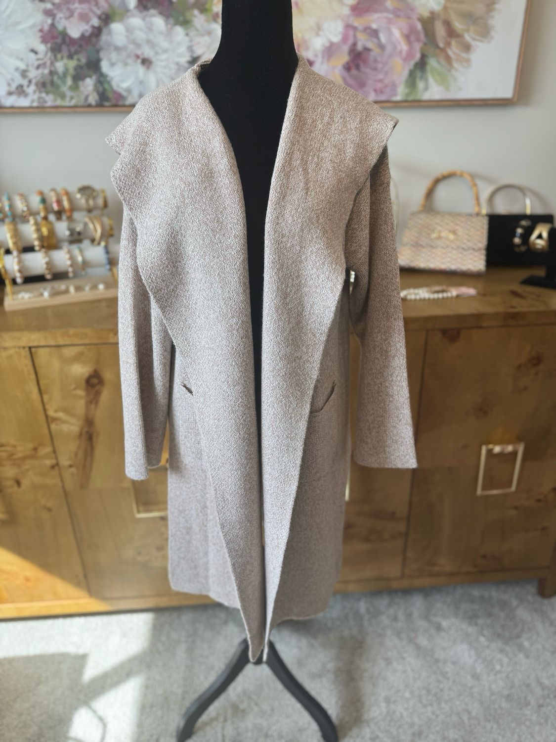 Hooded Oatmeal Knit Cardigan