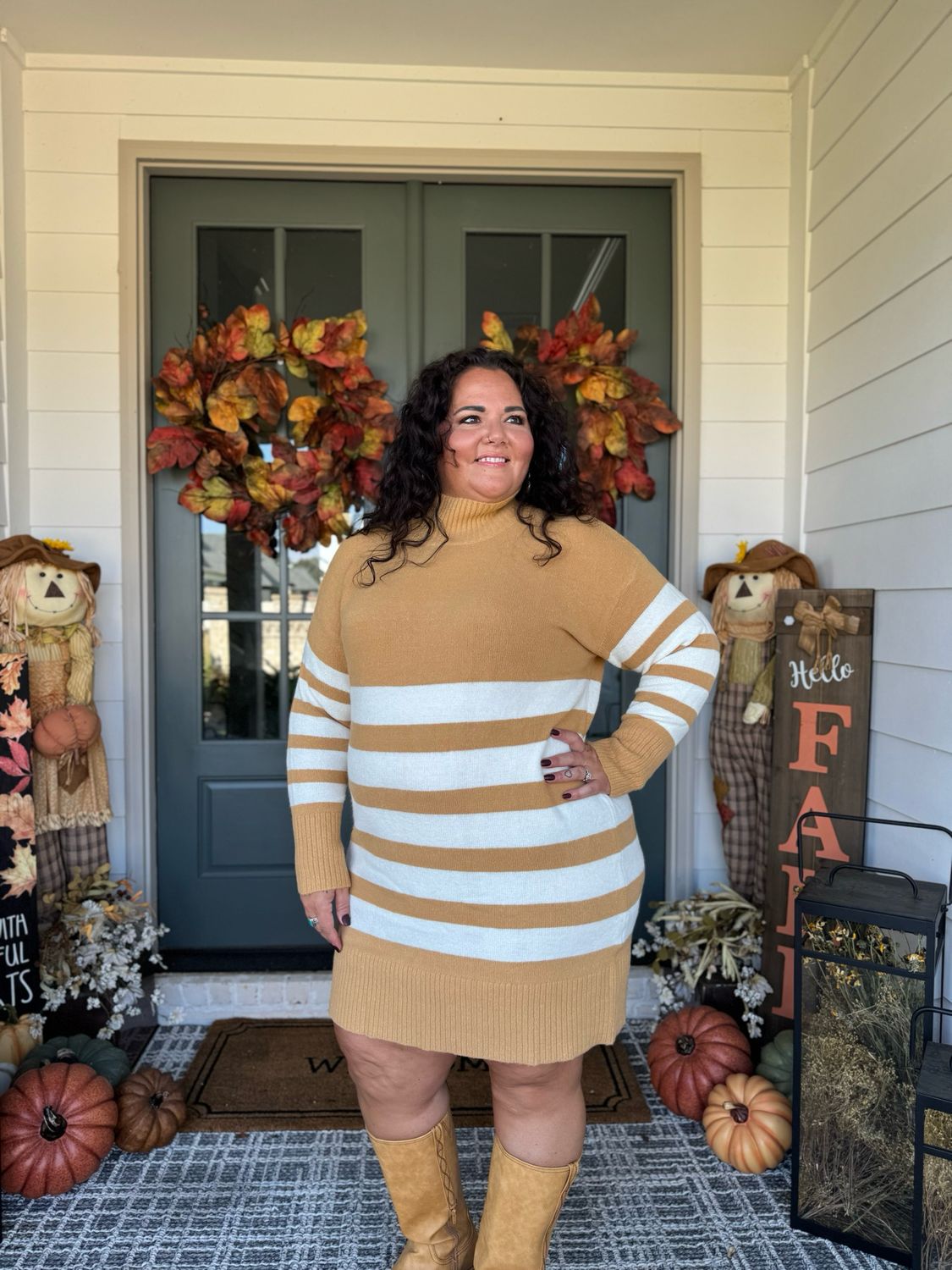 Tan/off White Stripe Turtleneck Sweater Dress