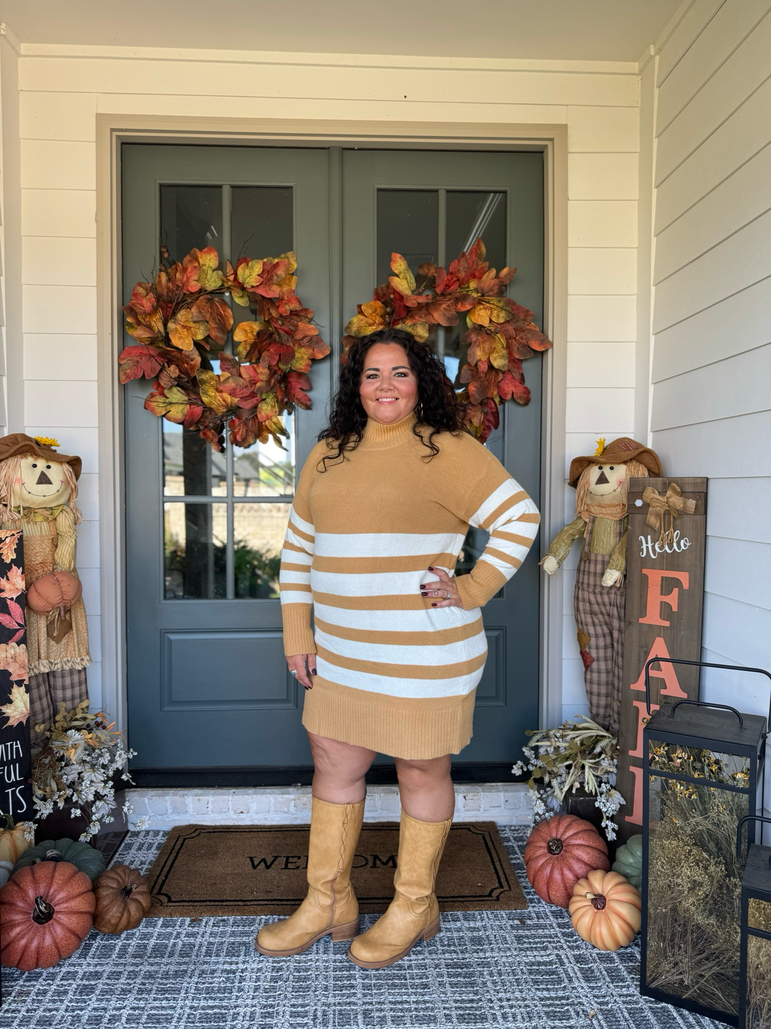Tan/off White Stripe Turtleneck Sweater Dress