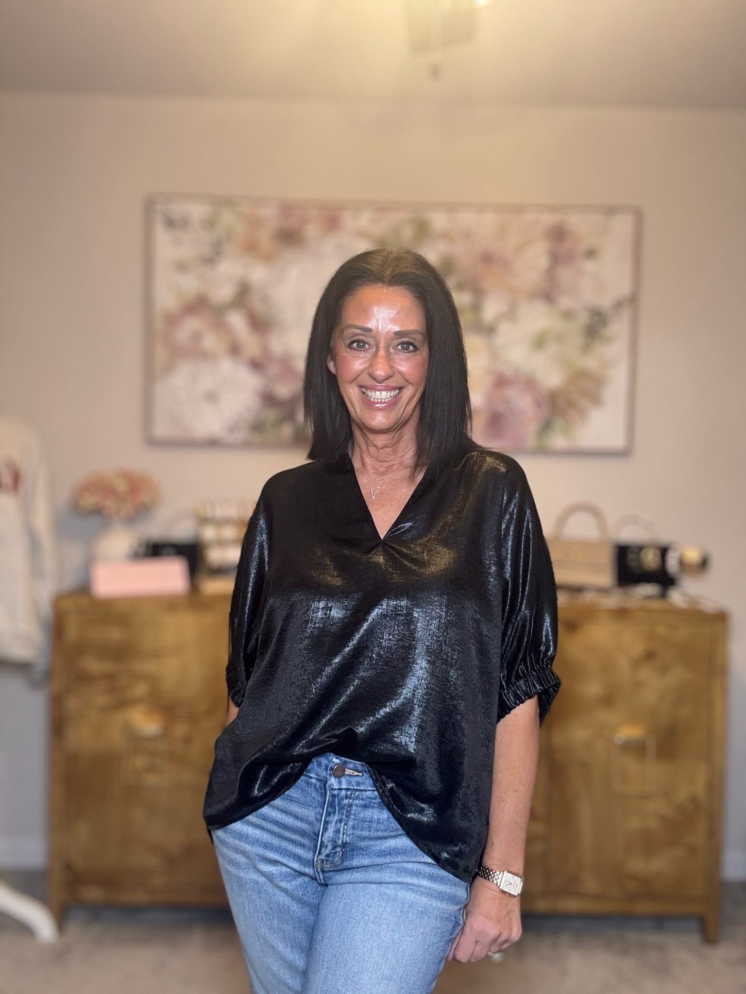 Entro Metallic Black V-neck Top