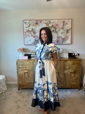 Elegance Ivory/navy Satin Scroll Midi Dress