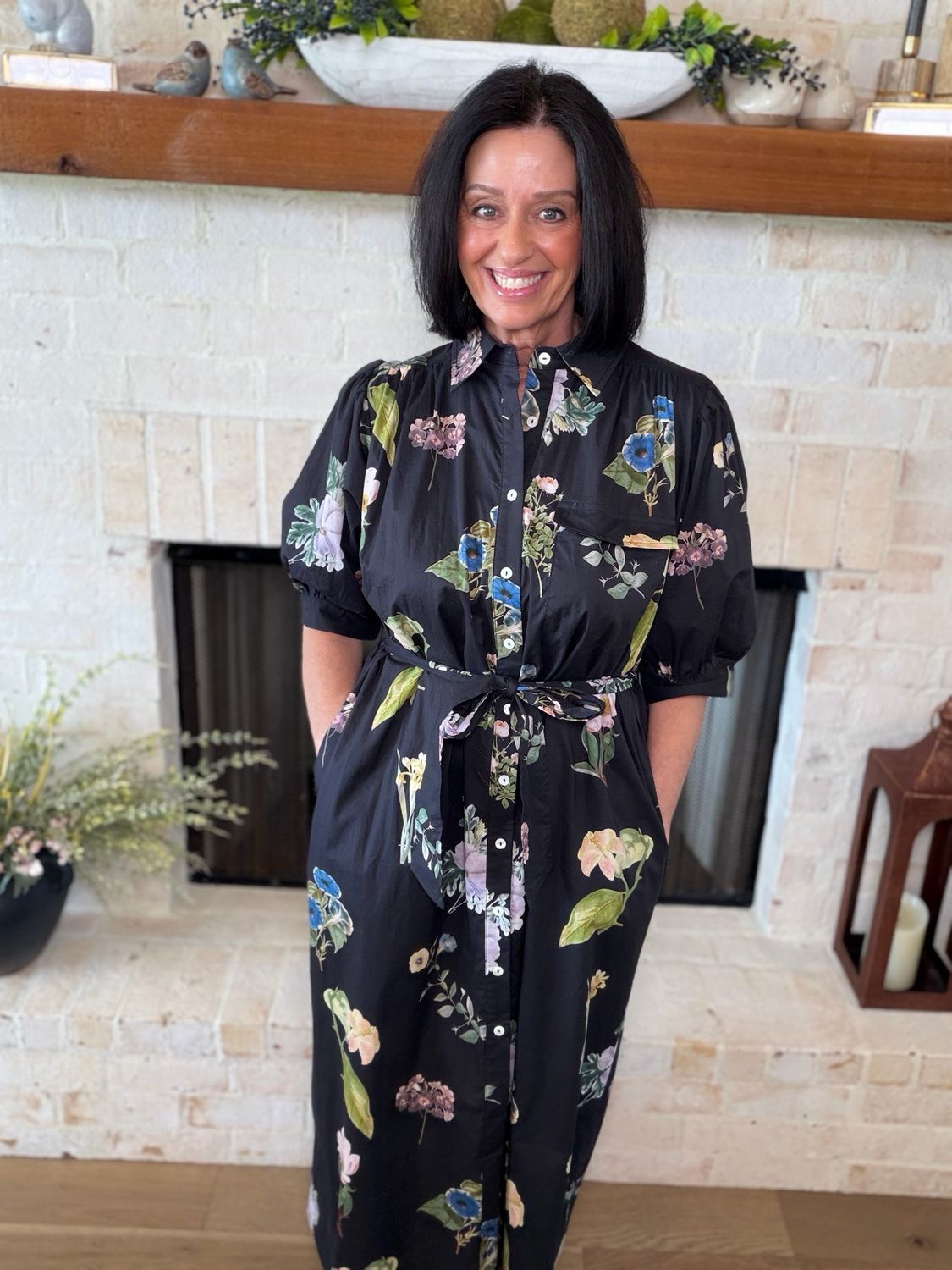 Entro Black Floral Midi Dress With Tie Belt