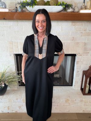 Black Plaid Accents Midi Dress