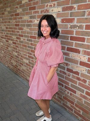 Red Stripe Pleated Waist Mini Dress