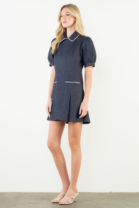 Puff Sleeve Collared Denim Mini Dress Puff Sleeve Collared Denim Mini Dress