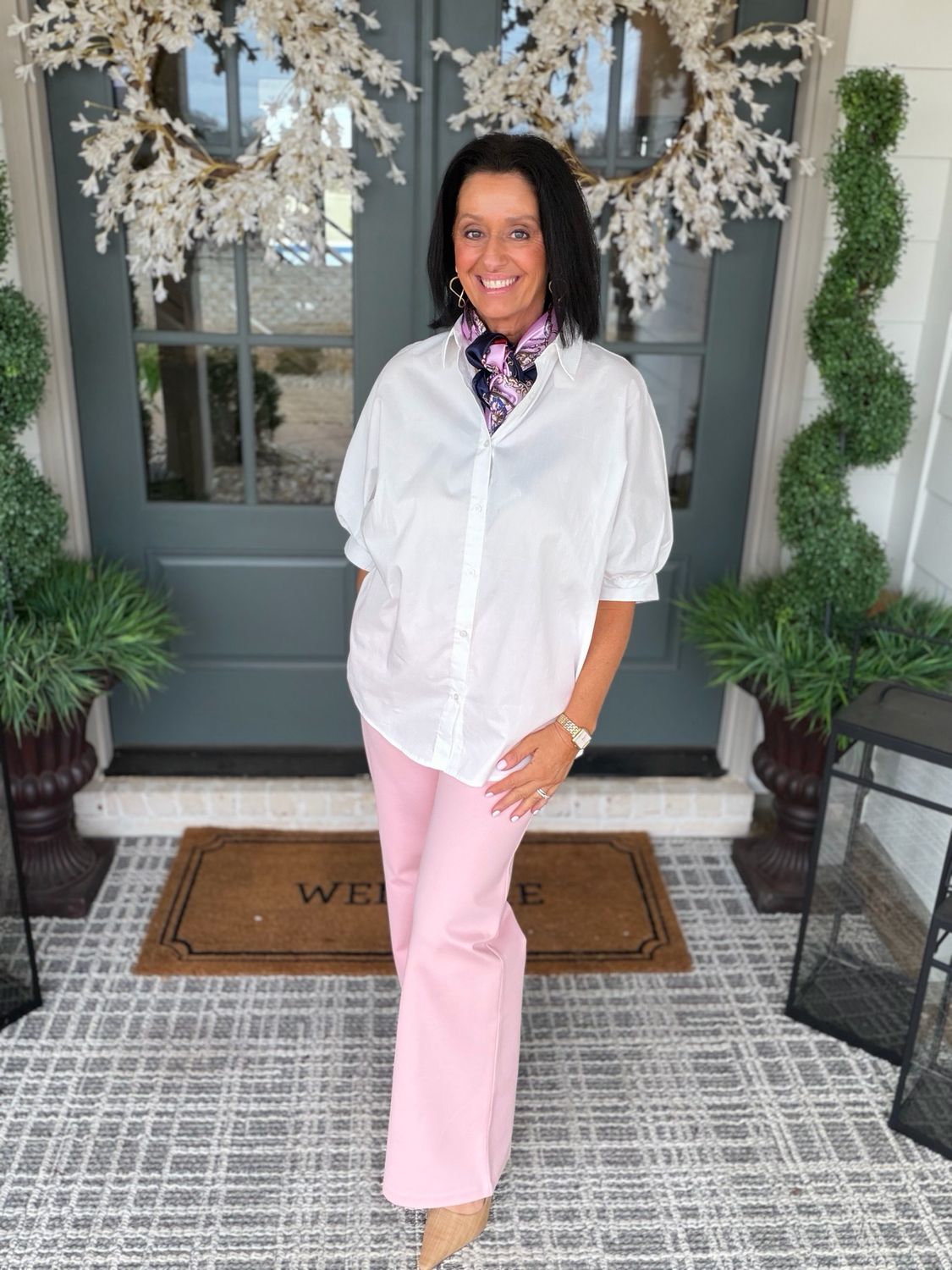 White Poplin Button-up Shirt 3/4 Sleeve