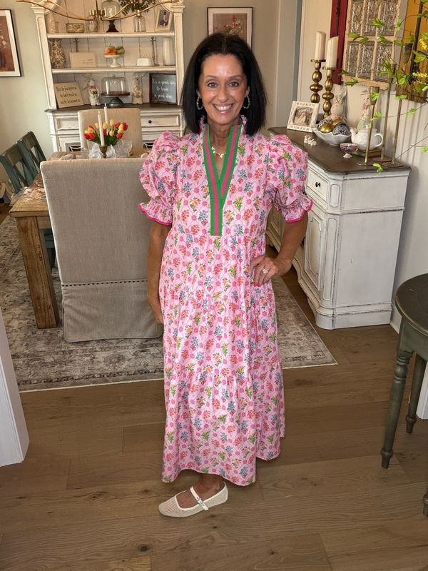 Pink Floral Tiered Midi Dress