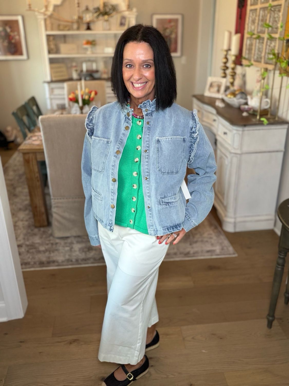 Ruffle Trim Washed Denim Jacket