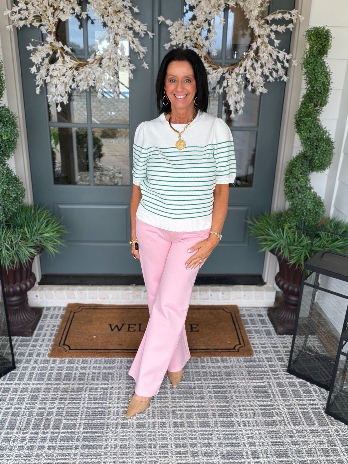 Green Striped Short Sleeve Sweater