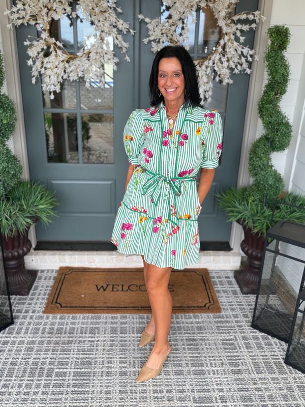 Entro Green Stripe Floral Mini Dress