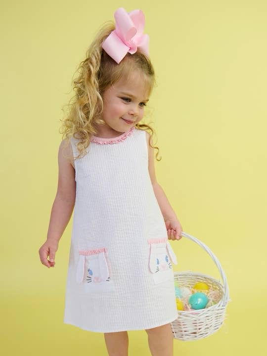 Rufflebutts Girls Pink Bunny Ears Seersucker Ruffle Pocket Dress