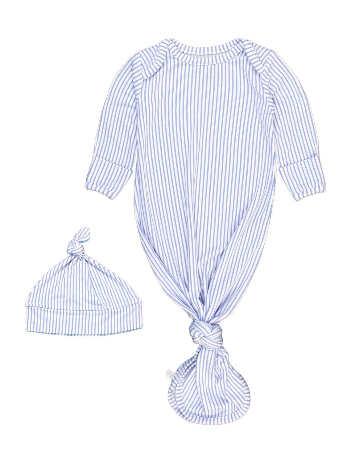 RuggedButts SoftSnooze™ Baby Boys Bamboo Viscose Periwinkle & White Micro Stripe Knotted Sleep Gown & Hat Set