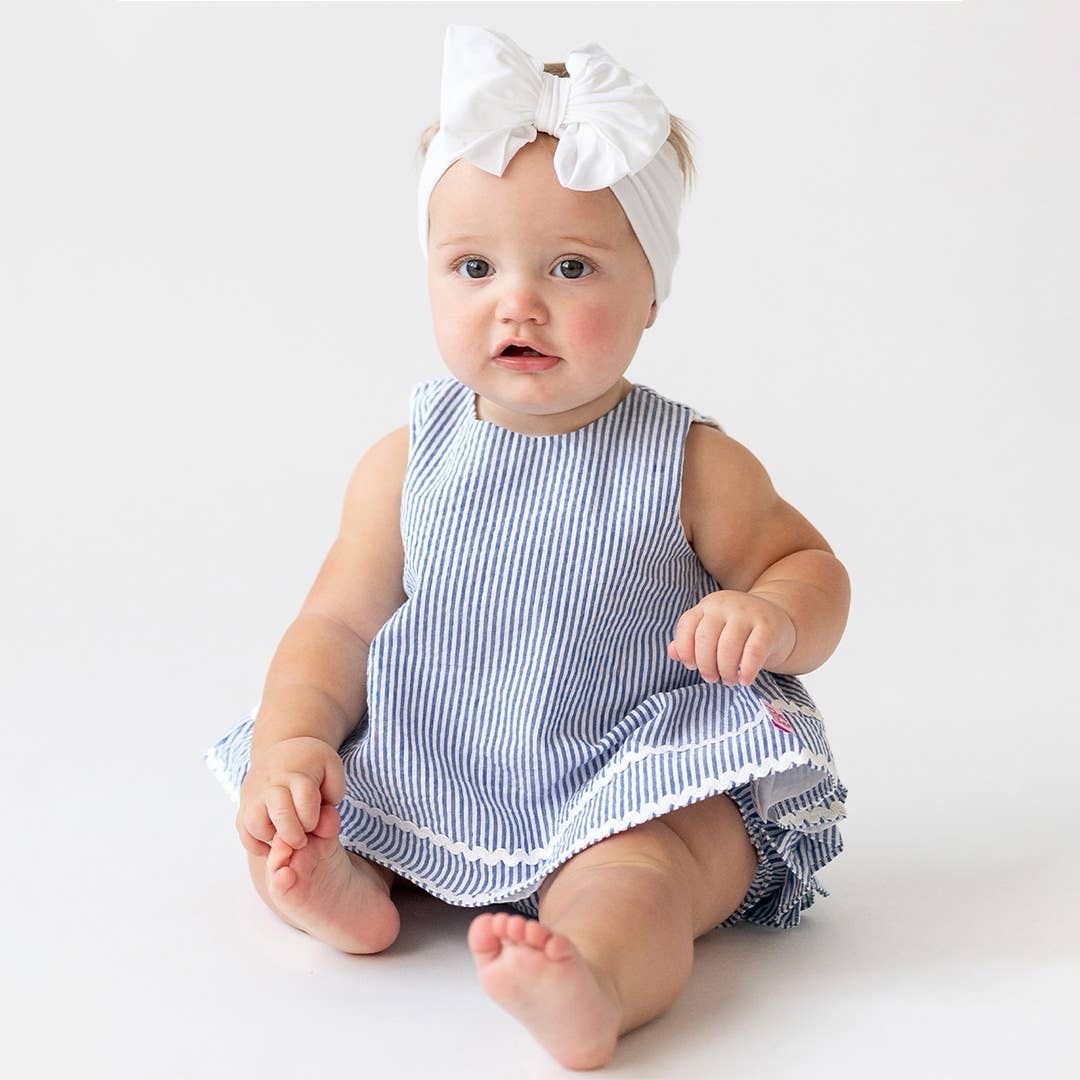 Rufflebutts Baby Girls Blue Seersucker Ric Rac Swing Top & Bloomer Set