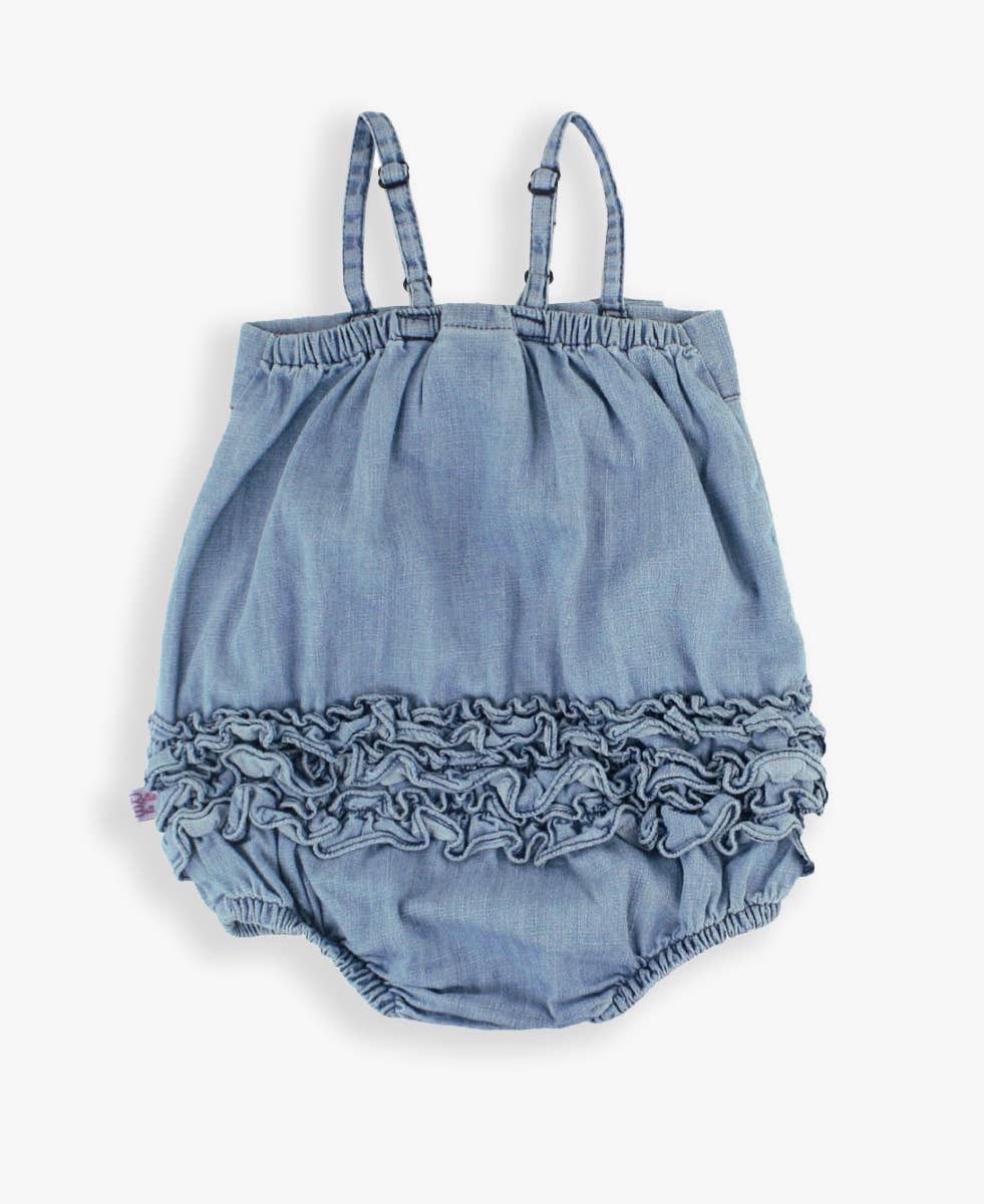 RuffleButts Baby Girls Light Wash Denim Bow Front Bubble Woven Romper