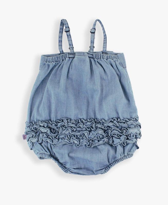 RuffleButts Baby Girls Light Wash Denim Bow Front Bubble Woven Romper