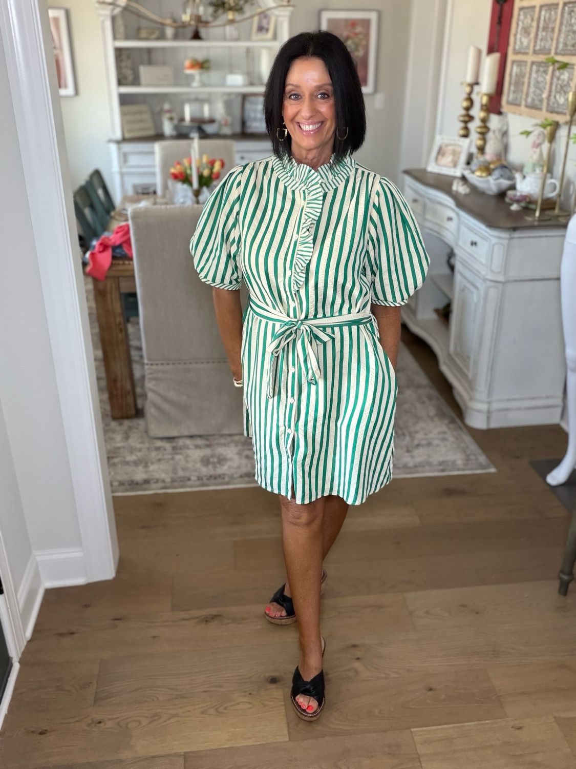 Green & Cream Stripe Ruffle Shirtdress