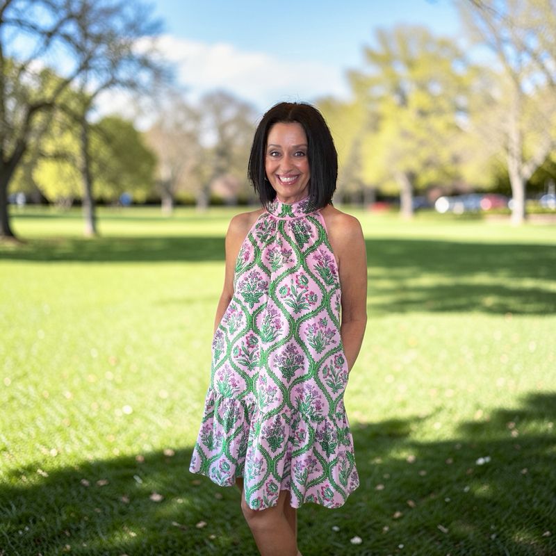 Entro Pink/Green Floral Sleeveless Short Dress