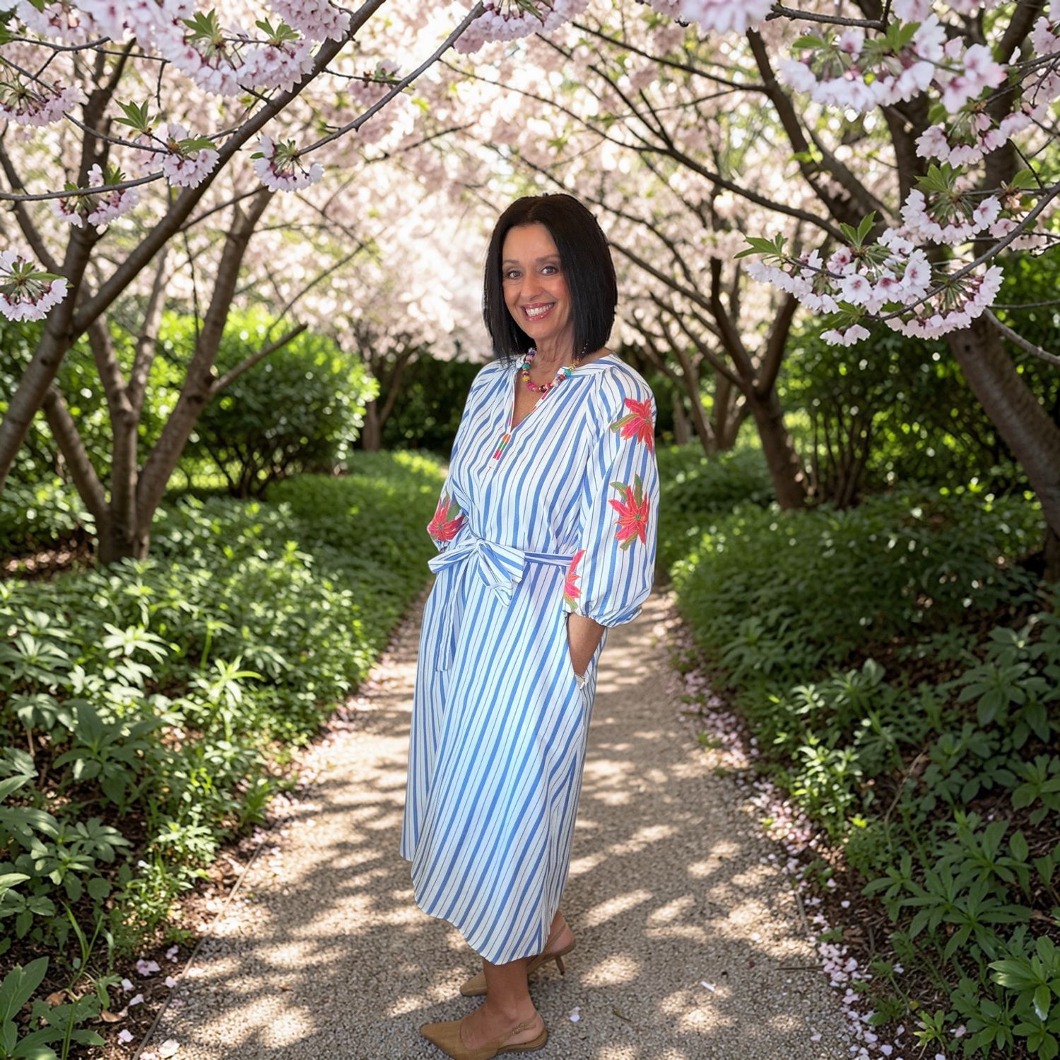 White Floral Blue Stripe Midi Dress
