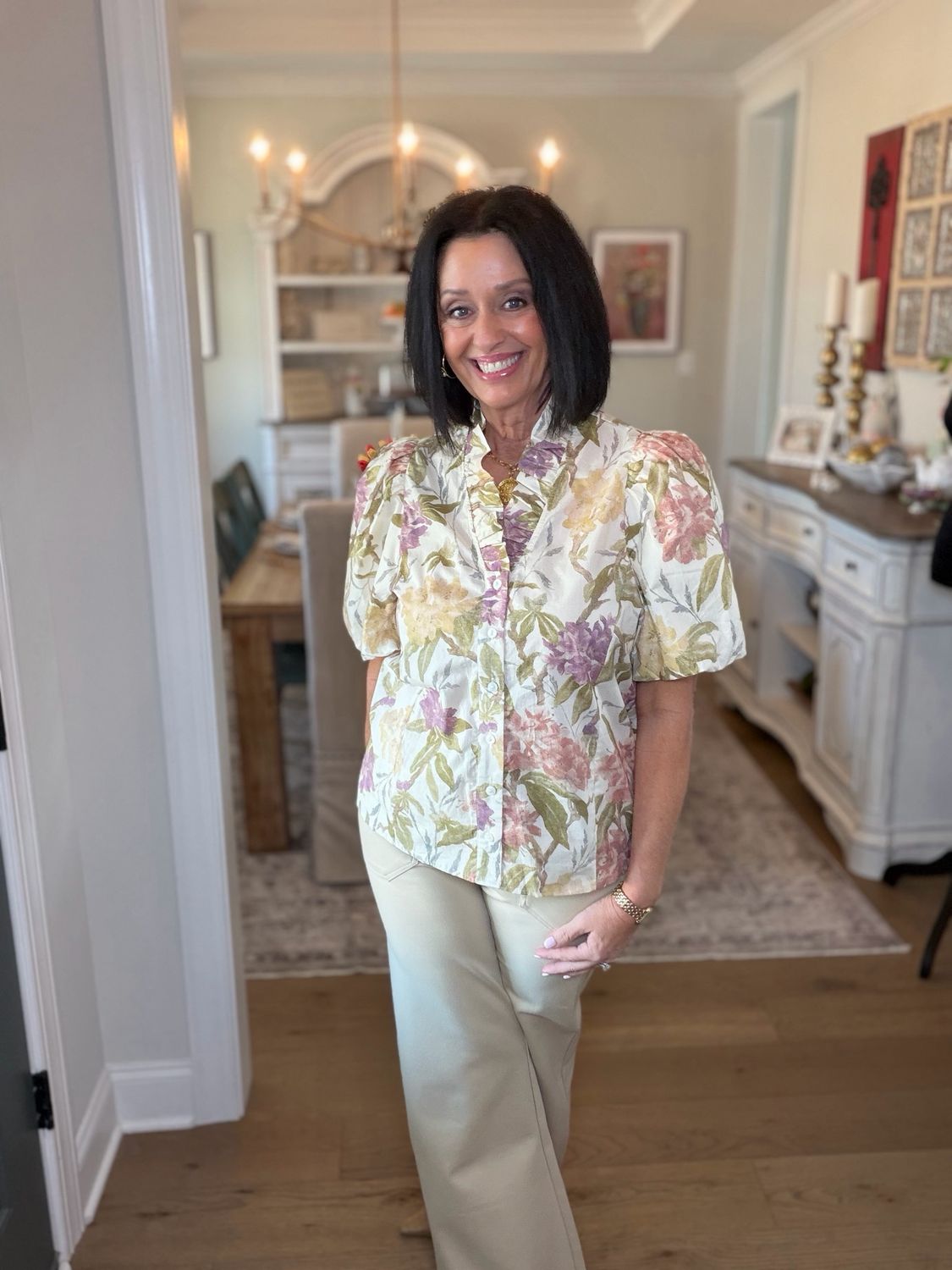 Entro Ecru Floral Ruffle Neckline Top