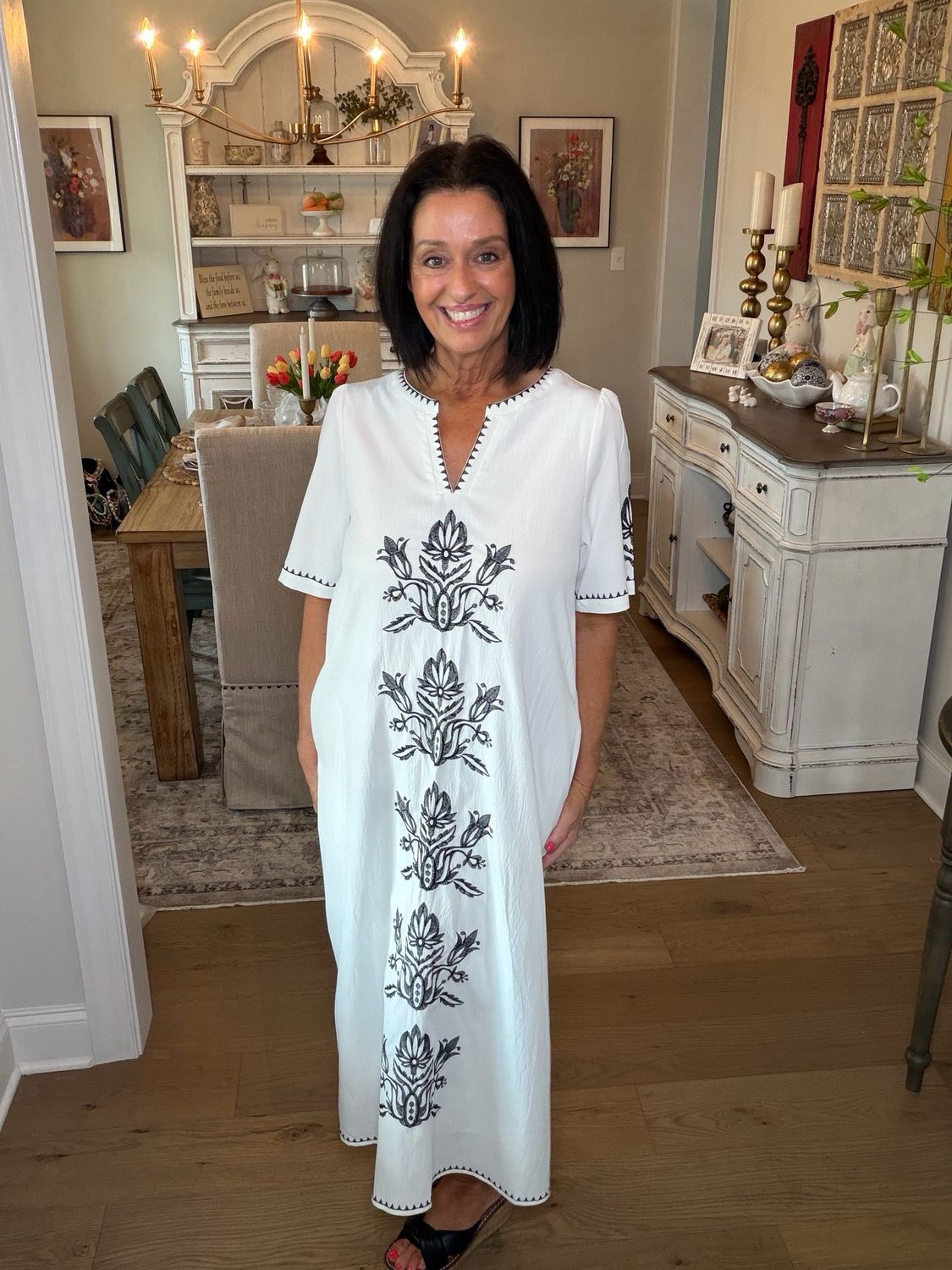 White With Black Embroidery Midi Dress