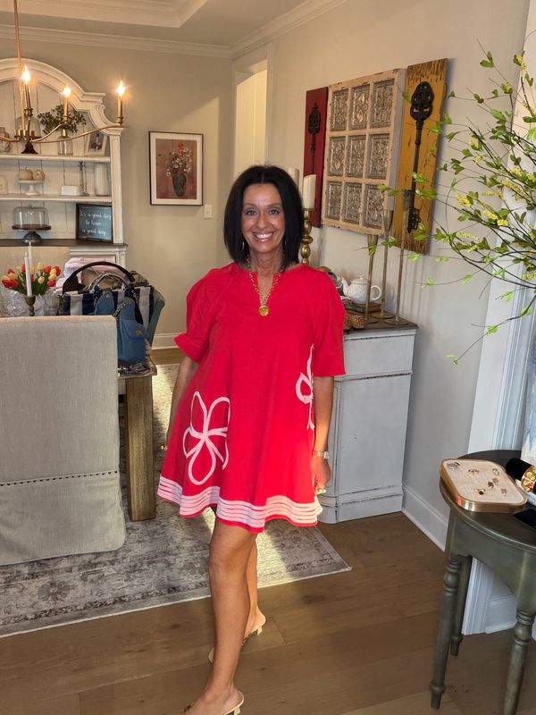 Red/pink Frayed Trim Flower Detail Mini Dress