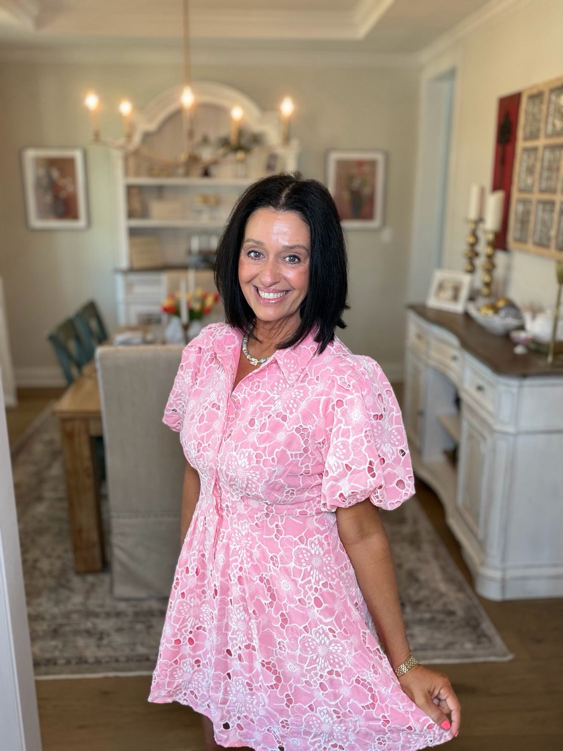 Pink Eyelet White Floral Print Mini Dress