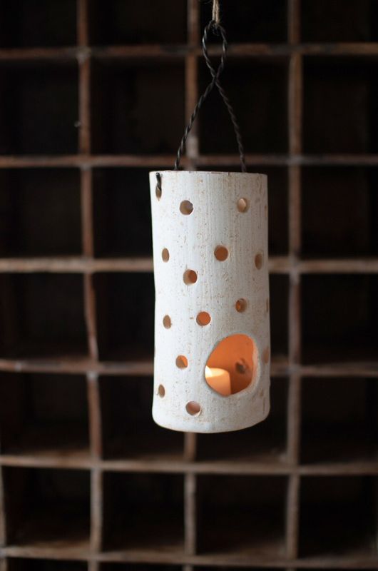 White-Wash Hanging Clay Lantern