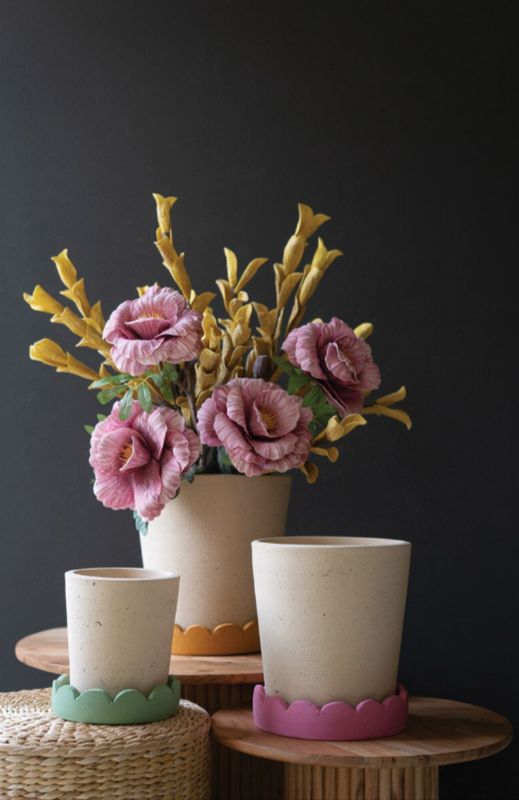 Set of 3 Terracotta Planters with Scalloped Trays