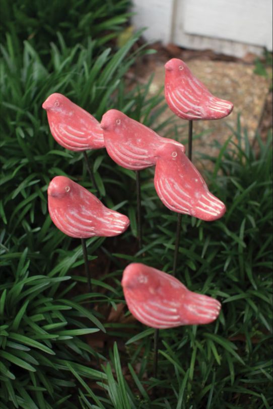 Clay Red Bird Plant Stake