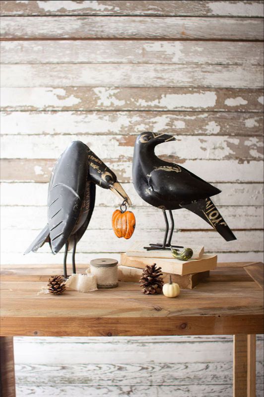 Up-cycled Iron Crows Holding Pumpkin