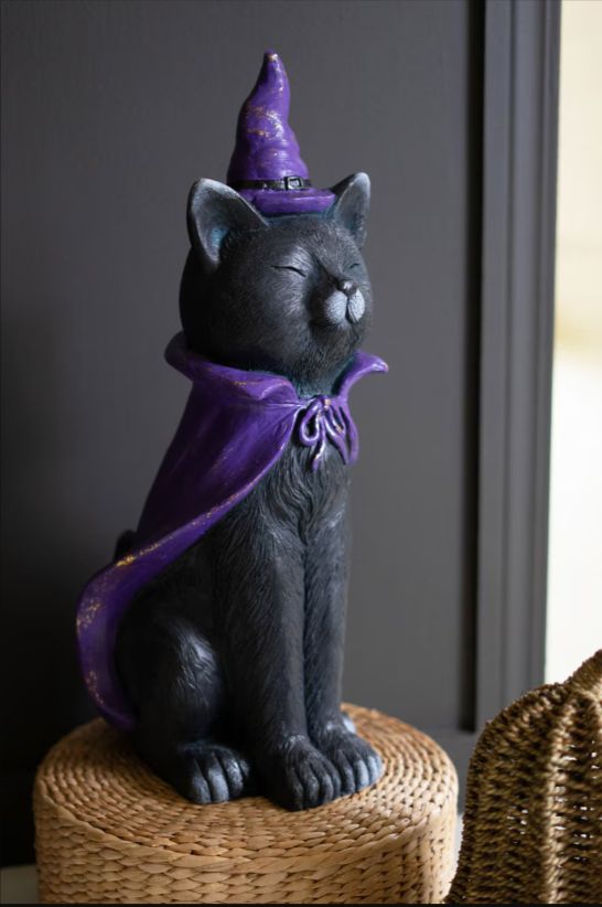 Painted Resin Black Cat with Purple Hat