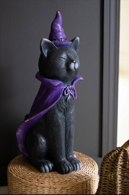 Painted Resin Black Cat with Purple Hat